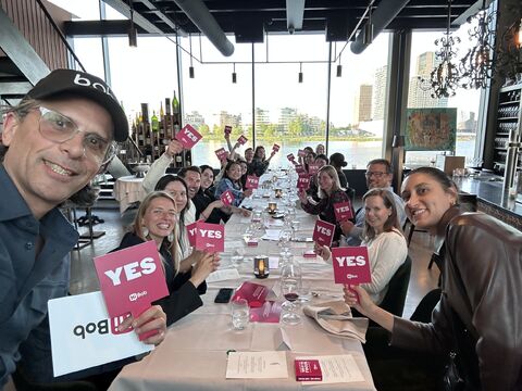 Yoss Perl with members of his team at a company dinner